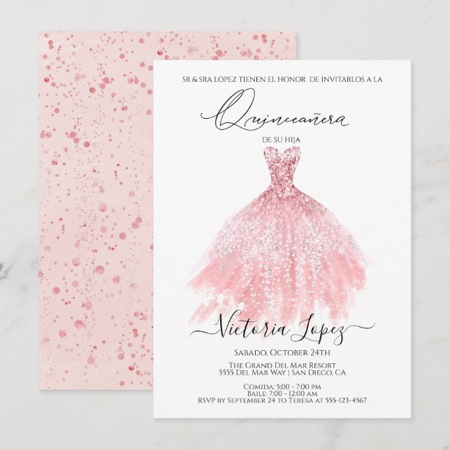 Elegant Quinceañera Glitter Sparkle Spanish Quince Invitation (Front/Back)