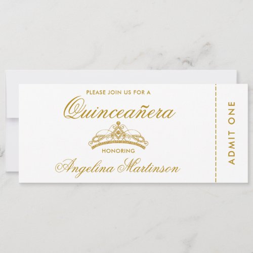 Elegant Quinceanera Gold and White Ticket Invitation