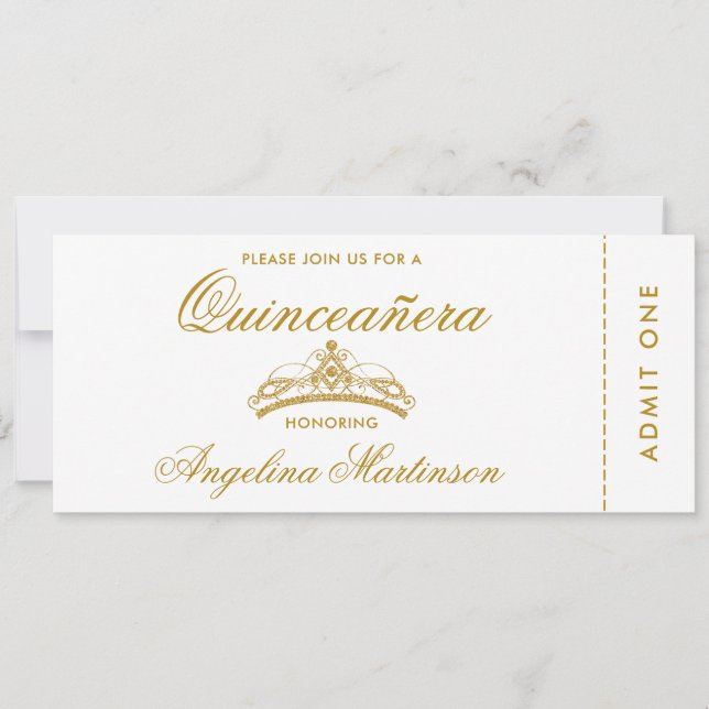 Elegant Quinceanera Gold and White Ticket Invitation (Front)