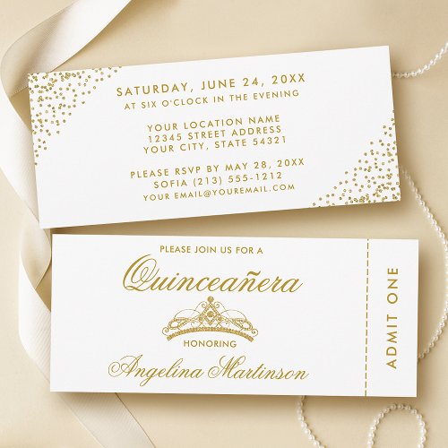 Elegant Quinceanera Gold and White Ticket Invitation