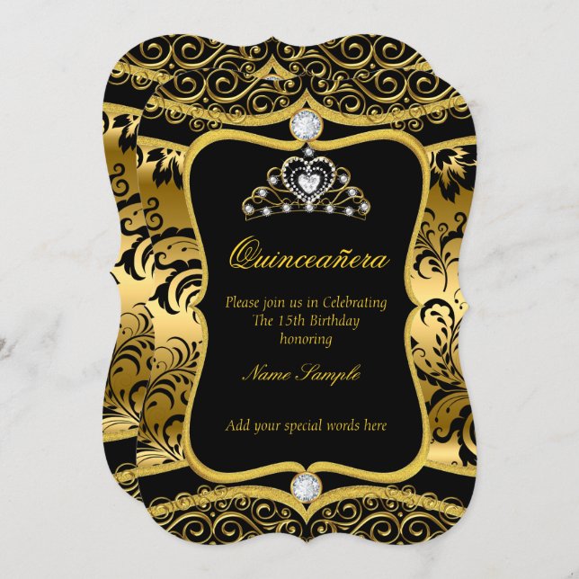 Elegant Quinceanera Gold Black Damask Tiara Invite (Front/Back)