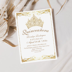 Elegant Quinceañera Gold Crown White Invitation