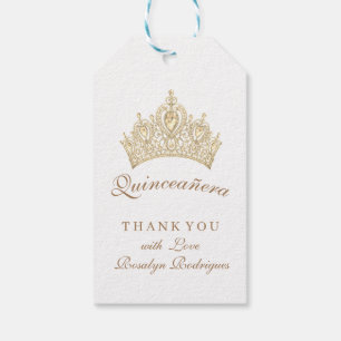 Elegant Quinceañera Gold Crown White Thank you Gift Tags