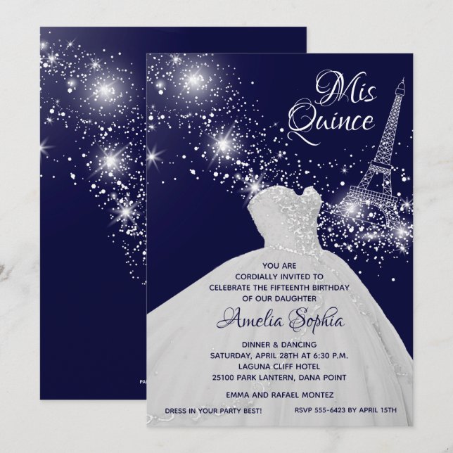 Elegant Quinceañera Gown Eiffel Tower Invitations (Front/Back)