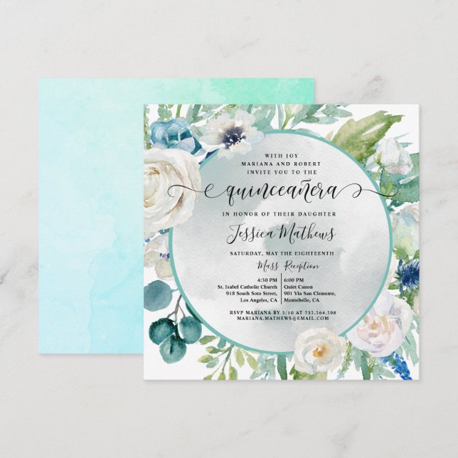 Elegant Quinceañera in Aqua Turquoise Teal Floral  Invitation (Front/Back)