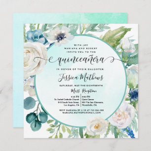 Elegant Quinceañera in Aqua Turquoise Teal Floral Invitation