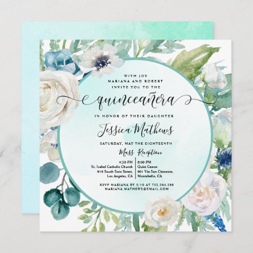 Elegant Quinceaera in Aqua Turquoise Teal Floral  Invitation