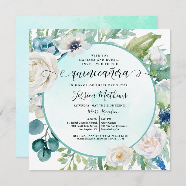 Elegant Quinceañera in Aqua Turquoise Teal Floral  Invitation (Front/Back)