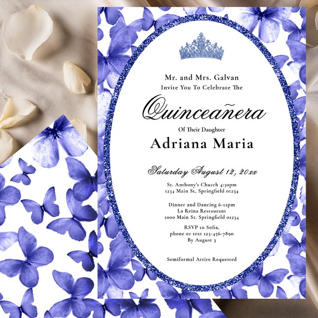 Elegant Quinceanera Invitation Blue Butterflies (Creator Uploaded)
