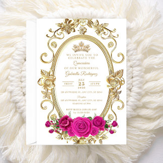 Elegant Quinceañera Invitation Floral Gold Pink Z5