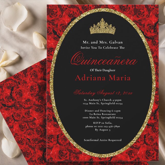 Elegant Quinceanera Invitation Gold Red Floral  (Creator Uploaded)