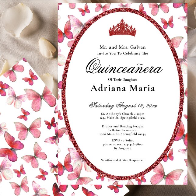 Elegant Quinceanera Invitation Red Butterflies (Creator Uploaded)