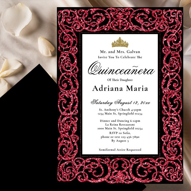 Elegant Quinceanera Invitation Red Scrollwork (Creator Uploaded)