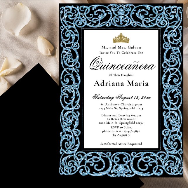 Elegant Quinceanera Invitation Sky Blue Scrollwork (Creator Uploaded)