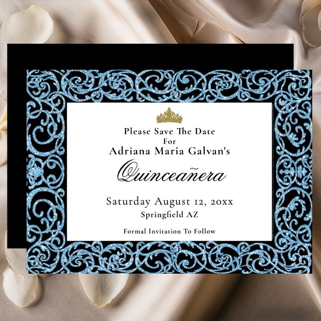 Elegant Quinceanera Light Blue Scrollwork  Save The Date (Creator Uploaded)