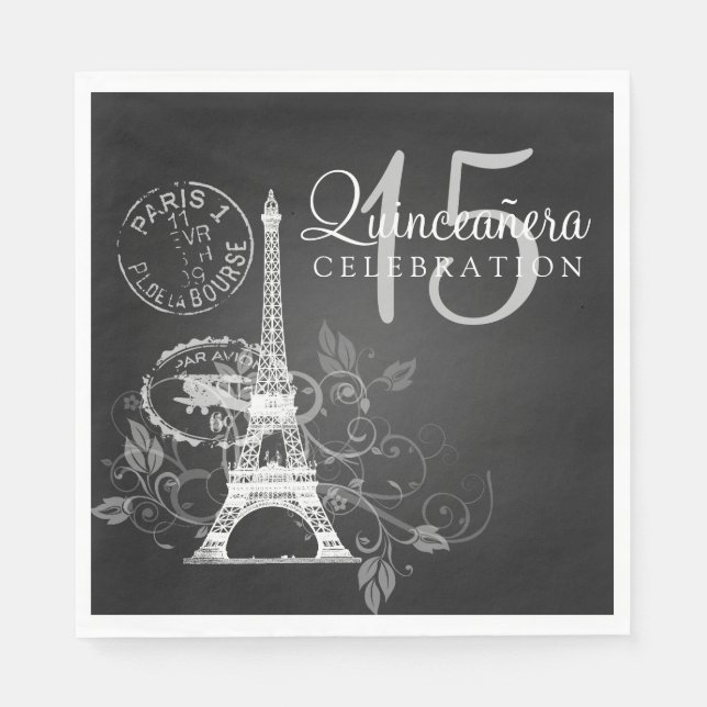 Elegant Quinceanera Party Paris Black Paper Napkins (Front)