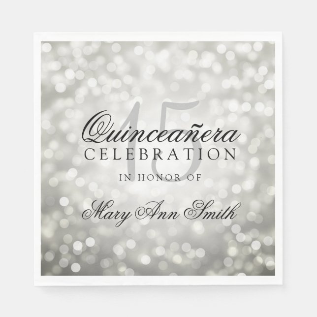 Elegant Quinceanera Party Silver Bokeh Lights Paper Napkins (Front)
