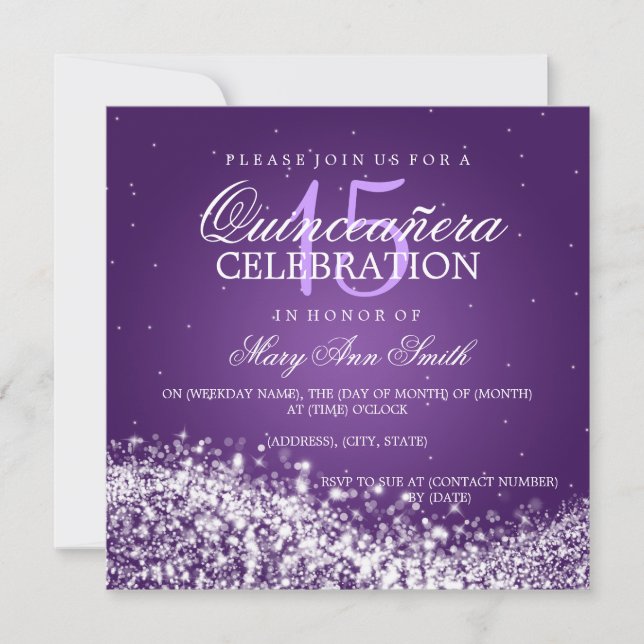 Elegant Quinceanera Party Sparkling Wave 2 Purple Invitation (Front)