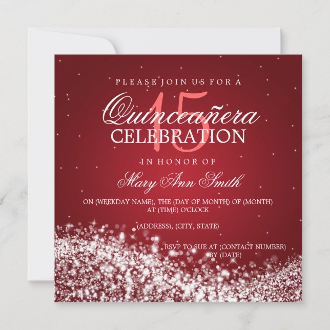 Elegant Quinceanera Party Sparkling Wave 2 Red Invitation (Front)