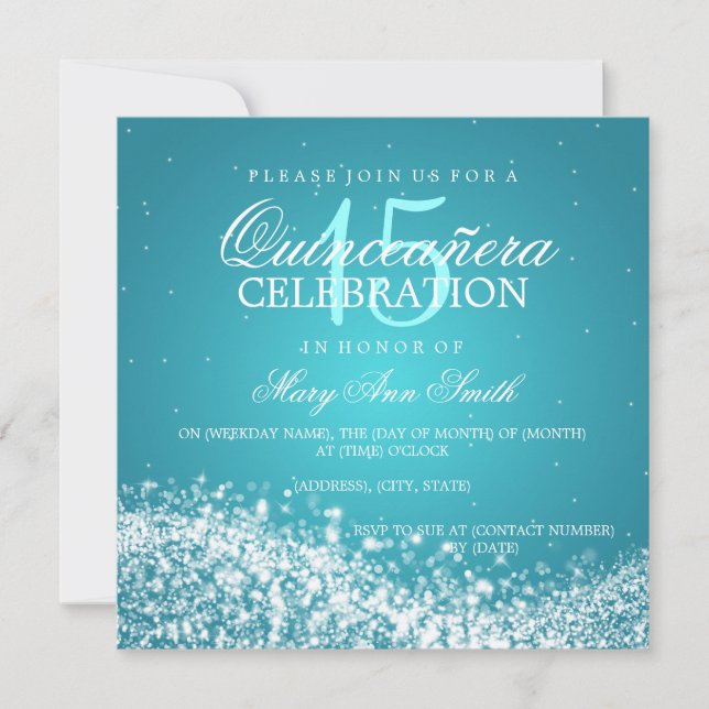 Elegant Quinceanera Party Sparkling Wave 2 Turquoi Invitation (Front)