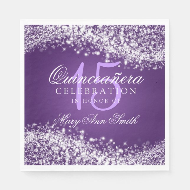 Elegant Quinceanera Party Sparkling Wave Purple Napkins (Front)