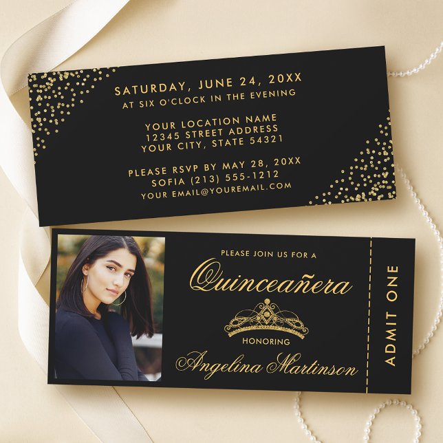 Elegant Quinceanera Photo Gold and Black Ticket Invitation (Customize to change text style or text size.)