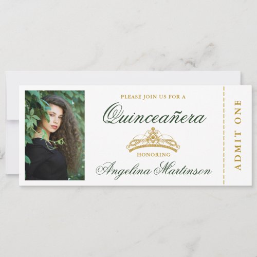 Elegant Quinceanera Photo Green and Gold Ticket Invitation