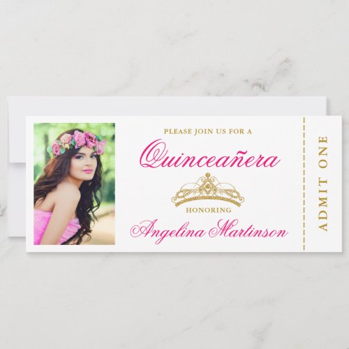 Elegant Quinceanera Photo Hot Pink and Gold Ticket Invitation