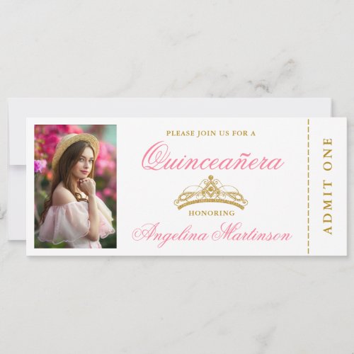 Elegant Quinceanera Photo Pink and Gold Ticket Invitation