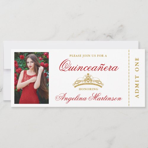 Elegant Quinceanera Photo Red and Gold Ticket Invitation