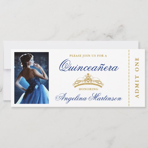 Elegant Quinceanera Photo Royal Blue Gold Ticket Invitation