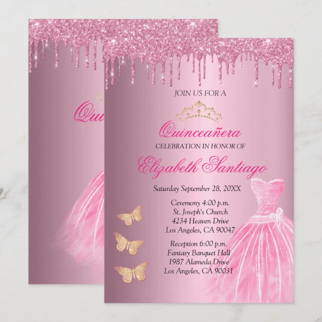 Elegant Quinceañera Pink and Gold Glitter Drips Invitation (Front/Back)