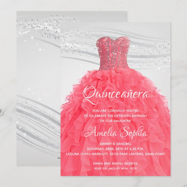 Elegant Quinceañera Pink Gown Invitations (Front/Back)