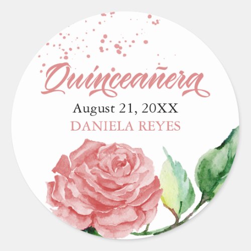 Elegant Quinceanera Pink Rose Watercolor Custom Classic Round Sticker