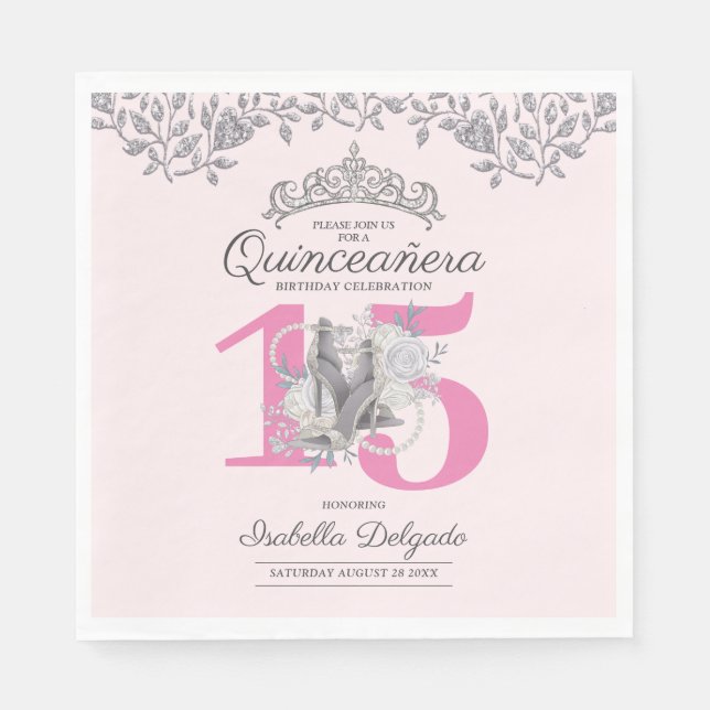 Elegant Quinceanera Princess Pink 15th Birthday In Napkins (Front)