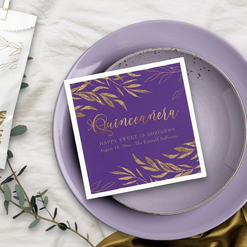 Elegant Quinceanera Purple and Gold Leaf Napkins