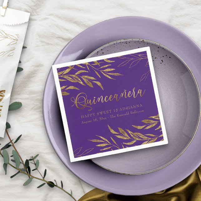 Elegant Quinceanera Purple and Gold Leaf Napkins (Purple Quinceanera napkin from my Gold Leaf Quinceanera Collection)