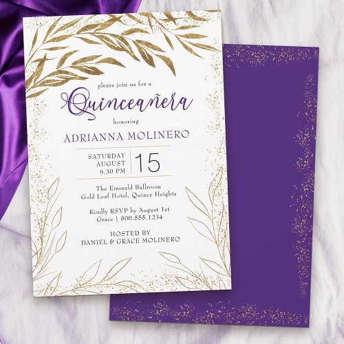 Elegant Quinceanera Purple and Gold Leaves Invitation