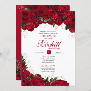 Elegant Quinceanera - Red and Gold Roses Floral Invitation