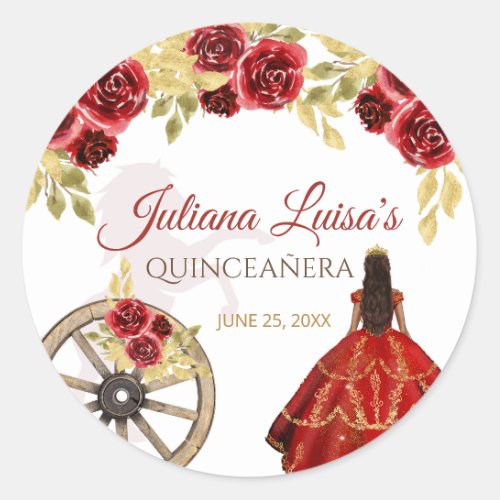 Elegant Quinceaera Red Gold Charra Crown Horses Classic Round Sticker