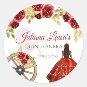 Elegant Quinceañera Red Gold Charra Crown Horses Classic Round Sticker