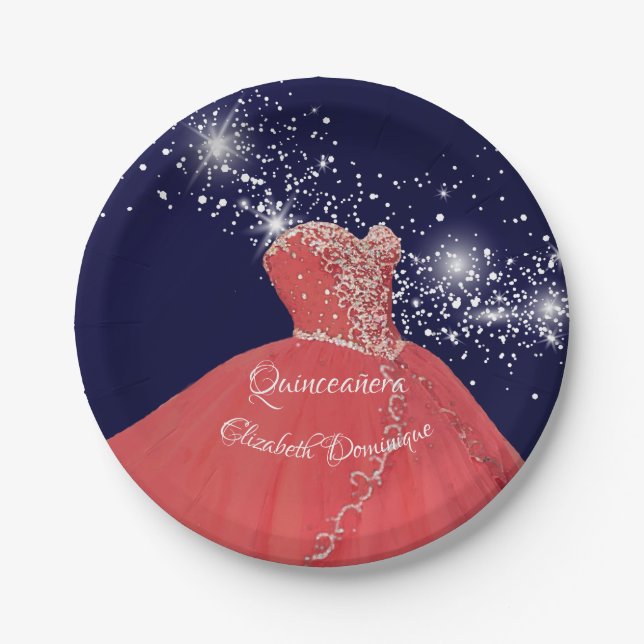 Elegant Quinceañera Red Gown Paper Plates (Front)