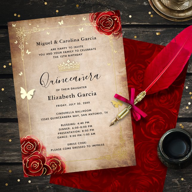 Elegant Quinceanera Red Rose Gold Foil Invitation (Elegant, personalized red Quinceanera invitations that sparkle with real gold foil.)