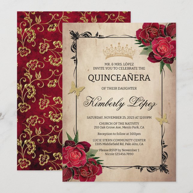 Elegant Quinceanera Red Rose Gold Foil Invitation (Front/Back)
