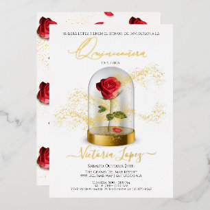 Elegant Quinceañera Red Rose in Spanish Foil Invitation