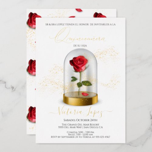 Elegant Quinceaera Red Rose in Spanish Foil Invitation