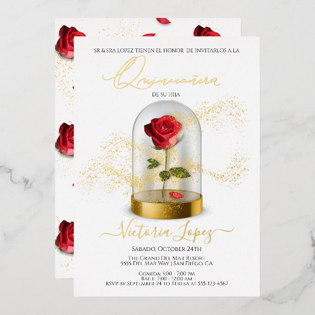 Elegant Quinceañera Red Rose in Spanish Foil Invitation (Front/Back)
