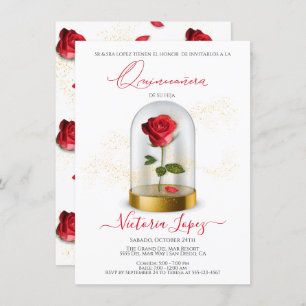 Elegant Quinceañera Red Rose in Spanish Invitation