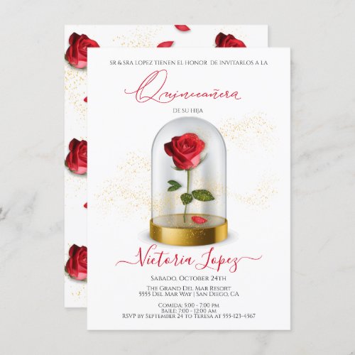 Elegant Quinceaera Red Rose in Spanish Invitation
