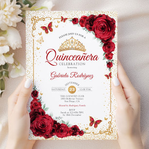 Elegant Quinceanera Red Roses Gold White Invitation
